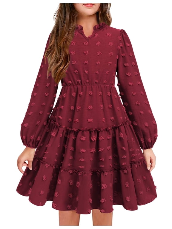 Girls' Dresses V neck Long Sleeve Chiffon Swiss Dot Ruffle Tiered Boho Party Midi Dress