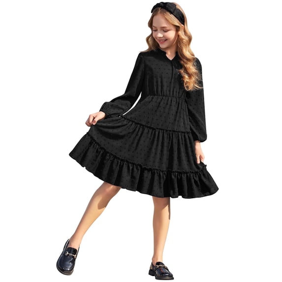 Arshiner Girls' Dresses V neck Long Sleeve Chiffon Swiss Dot Ruffle Tiered Boho Party Midi Dress