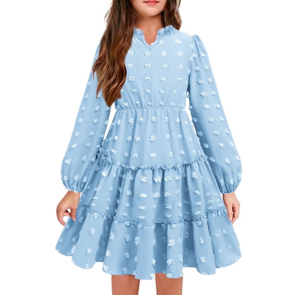 Arshiner Girls' Dresses V neck Long Sleeve Chiffon Swiss Dot Ruffle Tiered Boho Party Midi Dress Black 11-12 Years