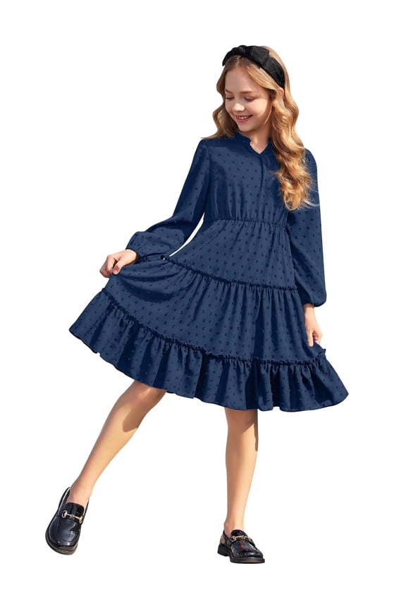 Girls' Dresses V neck Long Sleeve Chiffon Swiss Dot Ruffle Tiered Boho Party Midi Dress Black 11-12 Years