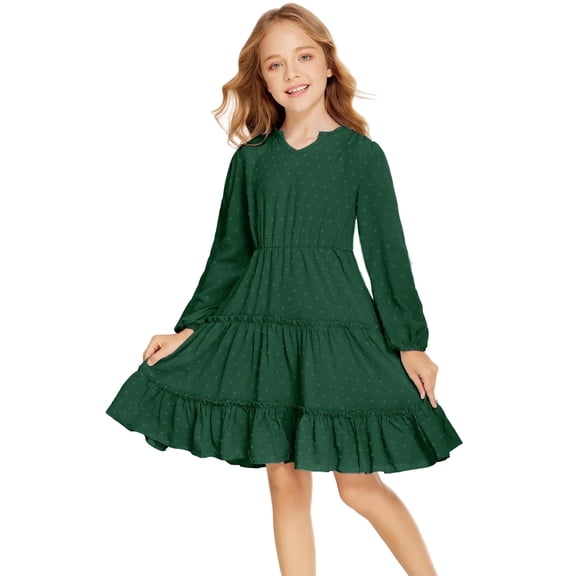 Arshiner Girls' Dresses V neck Long Sleeve Chiffon Swiss Dot Ruffle Tiered Boho Party Midi Dress