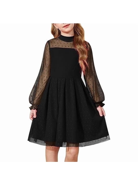 Girls Dresses Contrast Mesh Puff Long Sleeve Mock Neck Formal Party A Line Short Tulle Dres