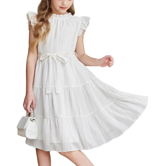 Arshiner Tween Girls Summer Dress Formal Ruffle Sleeve A Line Casual Elegant Dresses with Belt