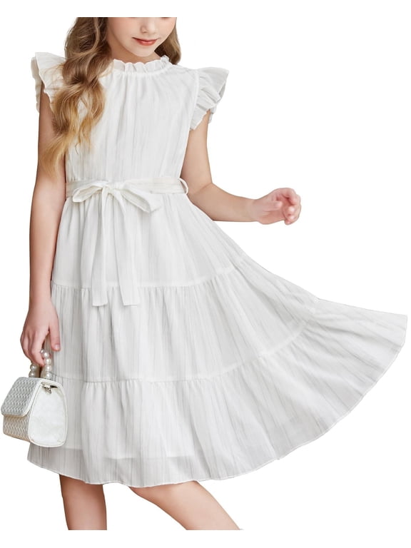 Tween Girls Summer Dress Formal Ruffle Sleeve A Line Casual Elegant Dresses with Belt