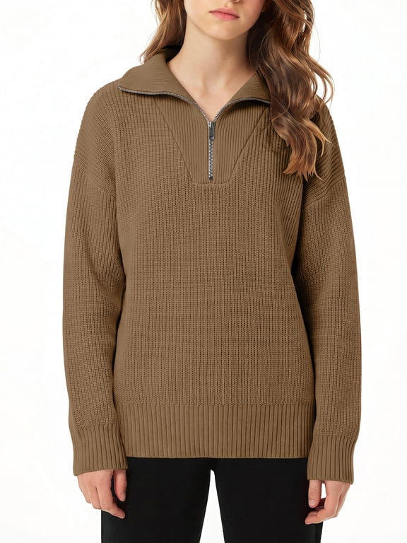 Girls Half Zip Turtleneck Sweatshirt Chunky Knit Drop Shoulder Loose‑Fit Quarter Zip Long Sleeve Pullover Sweater | Casual Warm Fall Winter Fashion Clothes for Teen Girls for 7-16 Years