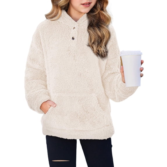 Arshiner Girls Hoodie Sherpa Fleece Pullover Hooded Sweatshirt for Girl Button Up Casual Outerwear Coat With Pockets