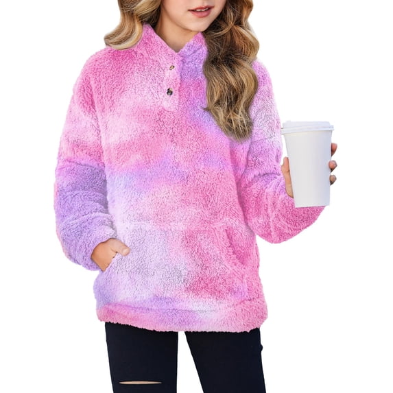 Arshiner Girls Hoodie Sherpa Fleece Pullover Hooded Sweatshirt for Girl Button Up Casual Outerwear Coat With Pockets