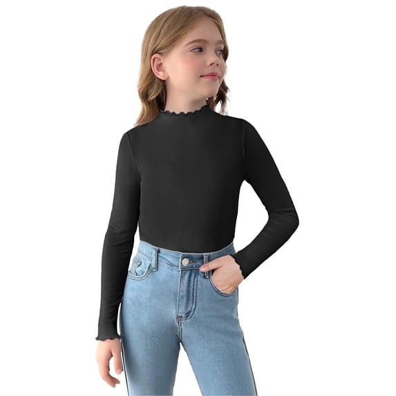 Arshiner Girls Lettuce Trim Mock Neck Long Sleeve Shirts Ribbed Knit Slim Fit Base Layer Tops Tees