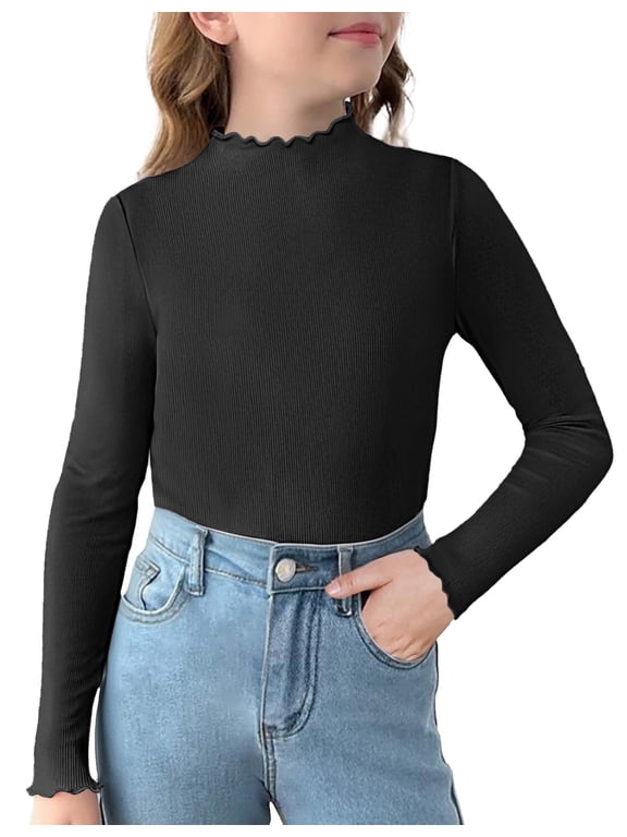 Girls Lettuce Trim Mock Neck Long Sleeve Shirts Ribbed Knit Slim Fit Base Layer Tops Tees