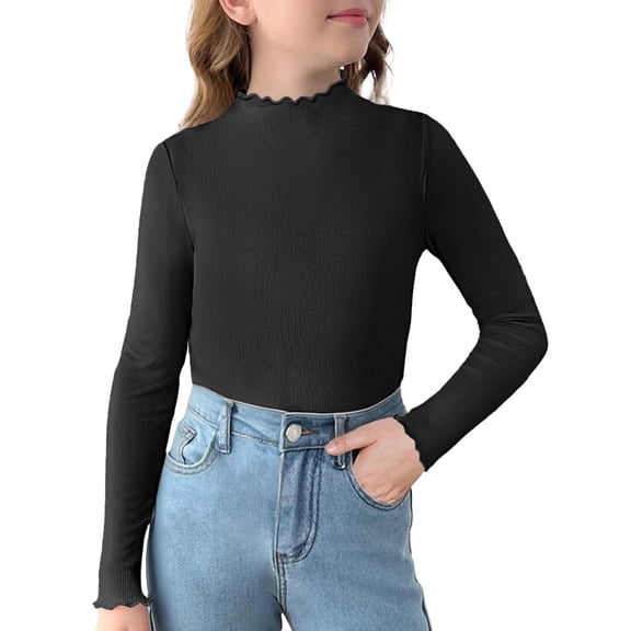 Arshiner Girls Lettuce Trim Mock Neck Long Sleeve Shirts Ribbed Knit Slim Fit Base Layer Tops Tees 160 Black