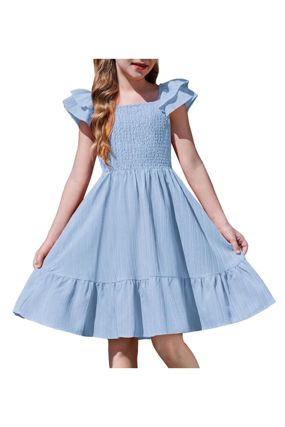 Girls Light Blue Dress Square Neck Off Shoulder with Pockets Easter Flower Girl Dresses Size 10-12
