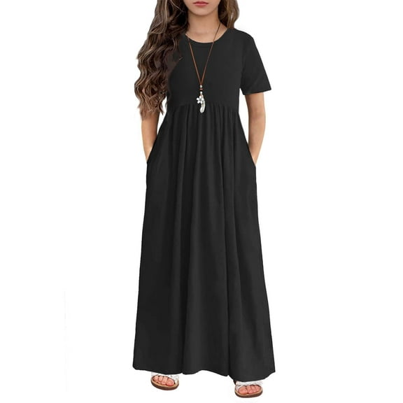 Arshiner Girls Long Dress Short Sleeve A-line Casual Party Pockets Dress (12-13 Years/Black)