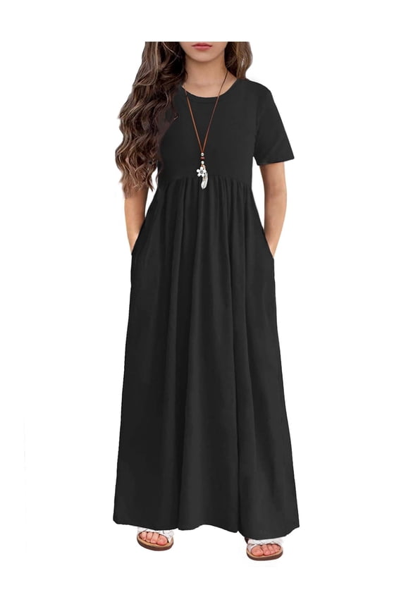 Girls Long Dress Short Sleeve A-line Casual Party Pockets Dress (12-13 Years/Black)
