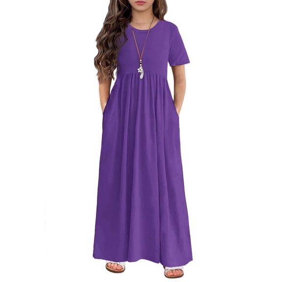 Arshiner Girls Long Dress Short Sleeve A-line Casual Party Pockets Dress (12-13 Years/Black)