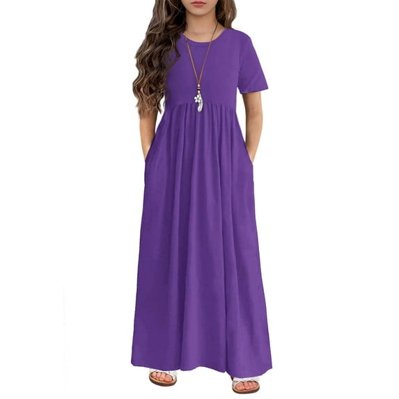 Arshiner Girls Long Dress Short Sleeve A-line Casual Party Pockets Dress (12-13 Years/Black)