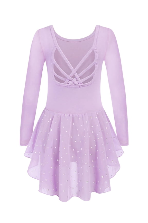Girls Long Sleeve Ballet Leotards with Shinny Skirts Criss-Cross Back Dance Dresses