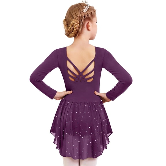 Arshiner Girls Long Sleeve Ballet Leotards with Shinny Skirts Criss-Cross Back Dance Dresses Toddler Ballerina Outfits,6-7Y,Dark Purple