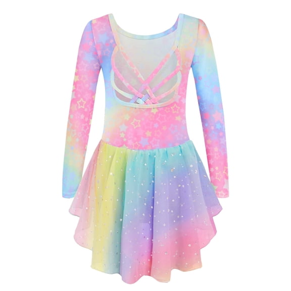 Arshiner Girls Long Sleeve Ballet Leotards with Shinny Skirts Criss-Cross Back Dance Dresses Toddler Ballerina Outfits,6-7Y,Multicolor