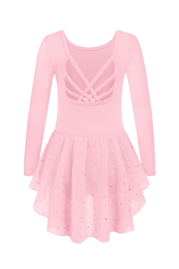 Girls Long Sleeve Ballet Leotards with Shinny Skirts Criss-Cross Back Dance Dresses Toddler Ballerina Outfits,8-9Y,Pink