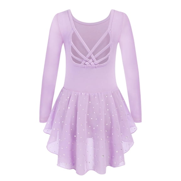 Arshiner Girls Long Sleeve Ballet Leotards with Shinny Skirts Criss-Cross Back Dance Dresses Toddler Ballerina Outfits,8-9Y,Purple