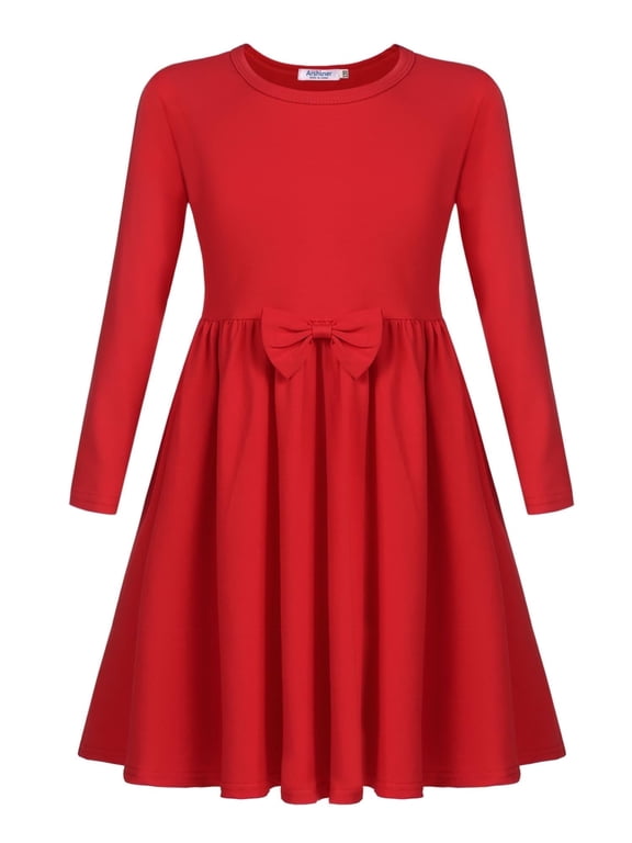 Girls Long Sleeve Dress A line Twirly Skater Casual Bow Tie Dress