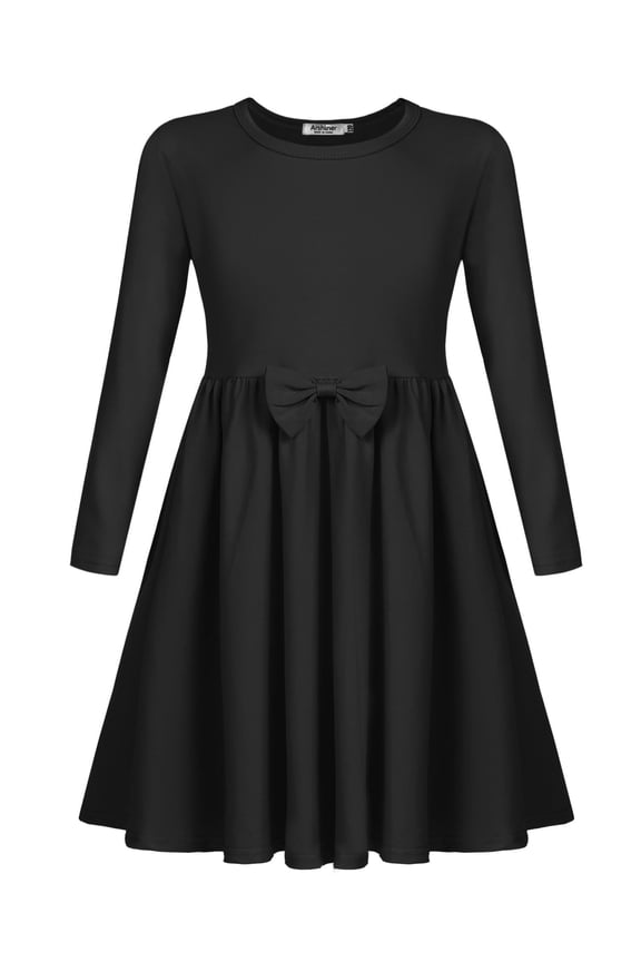 Girls Long Sleeve Dress A line Twirly Skater Casual Bow Tie Dress