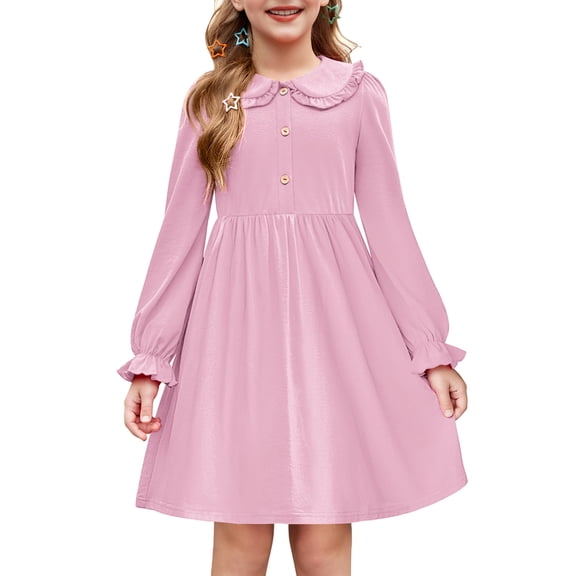 Arshiner Girls Long Sleeve Dress Fall Winter Ruffle Peter Pan Collar Front Button Casual Cotton Dresses