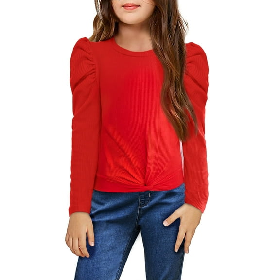 Arshiner Girls Long Sleeve Shirt Fall Puff Sleeve Cute Tunic Dressy Tee Tops T Shirts Black 10-11 Years 130 Bright red