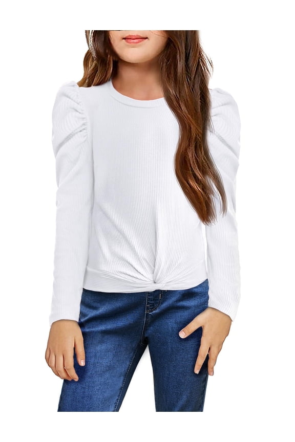 Girls Long Sleeve Shirt Fall Puff Sleeve Cute Tunic Dressy Tee Tops T Shirts Black 10-11 Years 130 Off-white