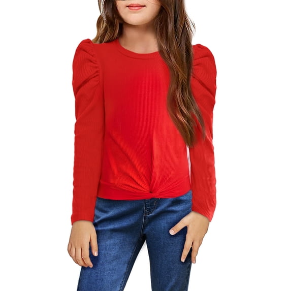 Arshiner Girls Long Sleeve Shirt Fall Puff Sleeve Cute Tunic Dressy Tee Tops T Shirts Black 10-11 Years 140 Bright red