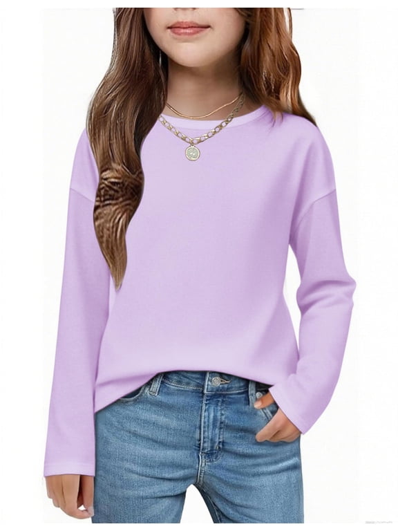 Girls Long Sleeve Shirts Drop Shoulder Casual Loose Fit Oversize Crew Neck Blouse Tee Tops