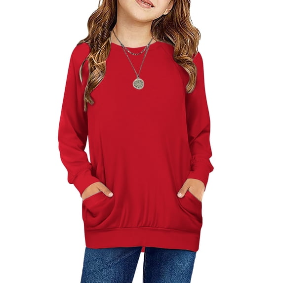 Arshiner Girls Long Sleeve Shirts with Pockets Crewneck Soft Casual Raglan Kids Blouse Tee Tops