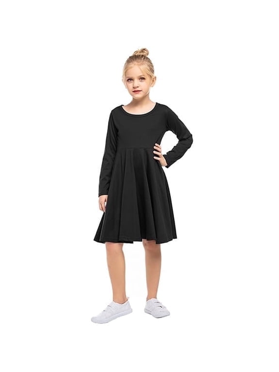 Girls Long Sleeve Stretchy Dress A line Twirly Skater School Party Dress