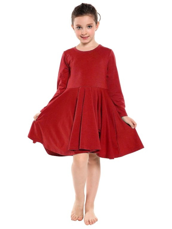 Girls Long Sleeve Stretchy Dress A line Twirly Skater School Party Dress