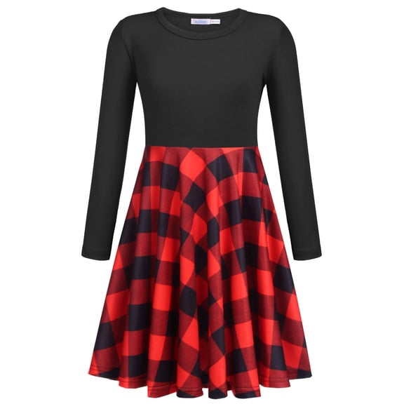 Arshiner Girls Long Sleeve Stretchy Dress A line Twirly Skater School Party Dress