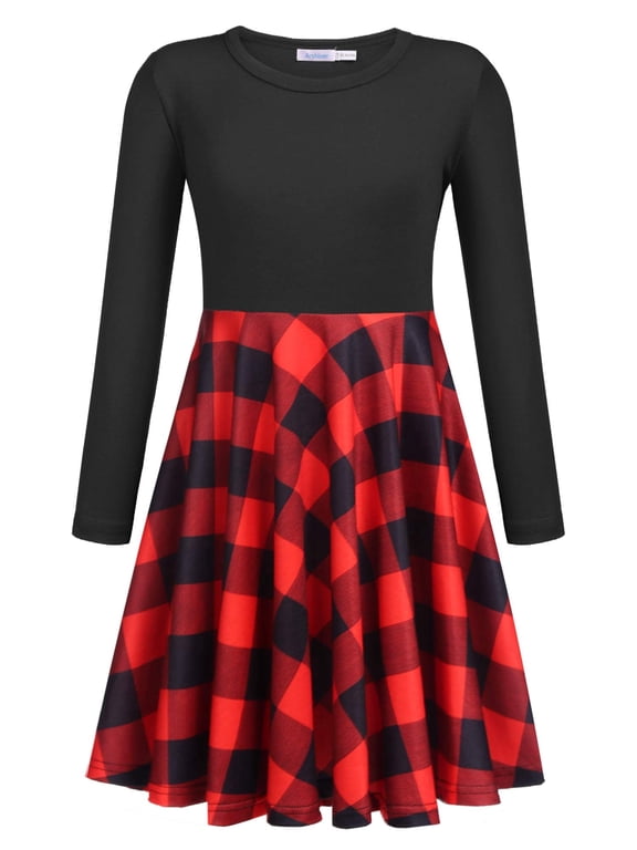 Girls Long Sleeve Stretchy Dress A line Twirly Skater School Party Dress