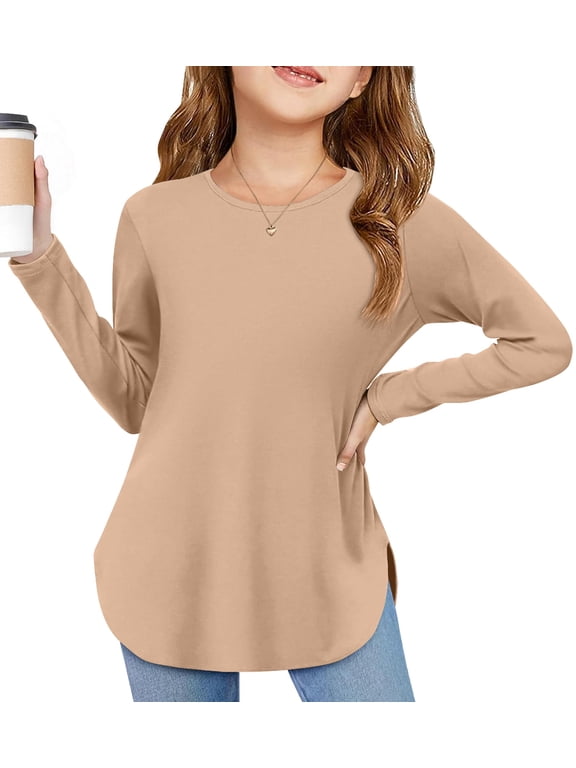 Girls Long Sleeve T Shirts Round Neck Curve Hem Side Slit Basic Casual Loose Tunic Soft Tops
