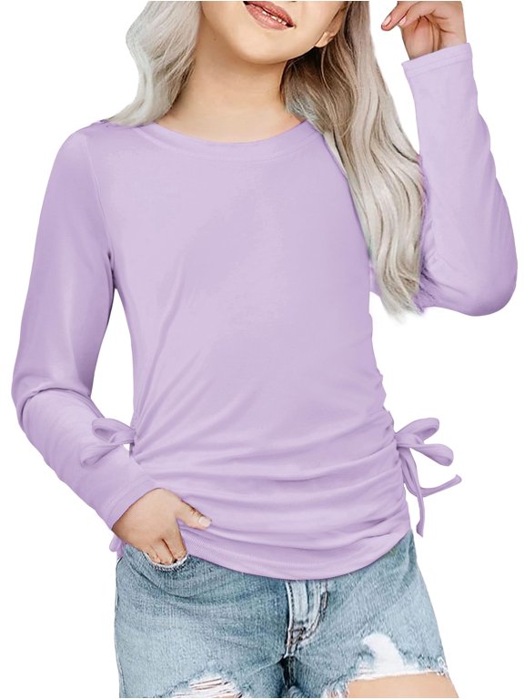 Girls Long Sleeve T-Shirts Ruched Knot Side Tunic Blouse Tee Tops
