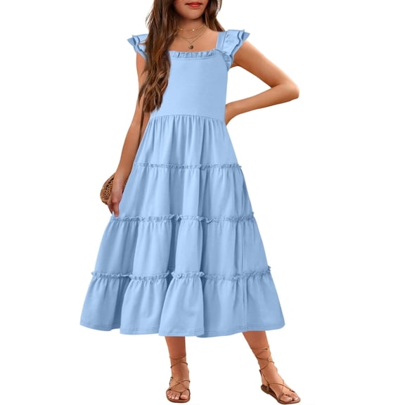 Arshiner Girls Maxi Summer Short Flutter Sleeve Casual Dress with Pockets