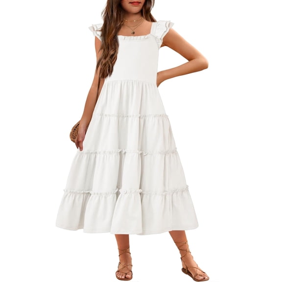 Arshiner Girls Maxi Summer Short Flutter Sleeve Casual Dress with Pockets