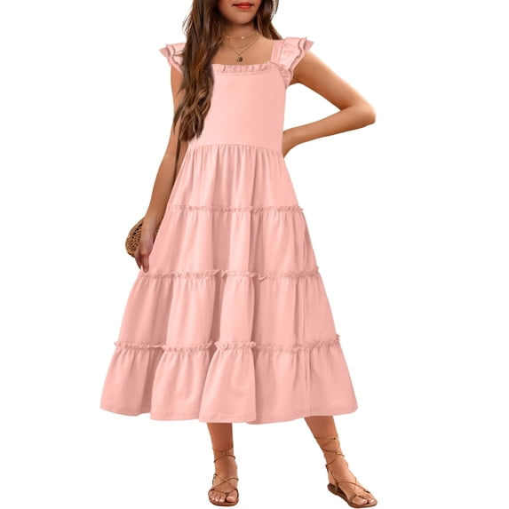 Arshiner Girls Maxi Summer Short Flutter Sleeve Casual Dress with Pockets
