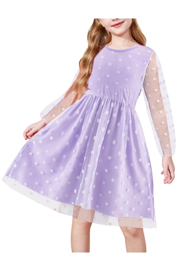 Girls Mesh Dress Long Sleeve Tulle Sparkle Glitter Polka Dot Party Holiday Dresses Kids Clothes