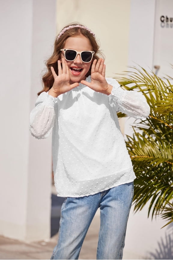 Girls Long Sleeve Shirts Chiffon Blouses Swiss Dot Frill Neck Casual Loose Cute Top Tee