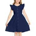 thumbnail image 1 of Arshiner Girls Navy Dress Casual Midi Solid Dress Flutter Sleeve Holiday Sundresses for Summer, 1 of 7