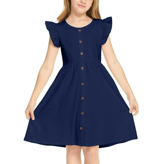 Arshiner Girls Navy Dress Casual Midi Solid Dress Flutter Sleeve Holiday Sundresses for Summer