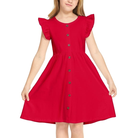 Arshiner Girls Dress Sweet Casual Flutter Sleeve A-Line Button Down Sundress Casual Midi Dresses