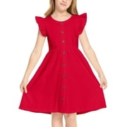 Arshiner Girls Dress Sweet Casual Flutter Sleeve A-Line Button Down Sundress Casual Midi Dresses