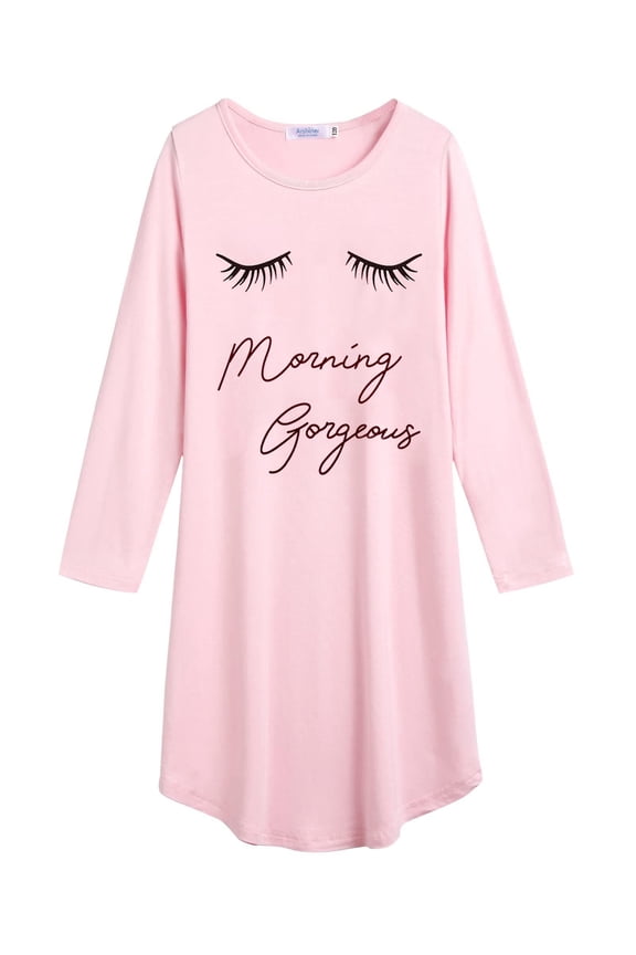 Girls Nightgowns Long Sleeve Print Pajamas Nightdress for Kids Soft Sleep Wear Nighties(Pink/Eyelash