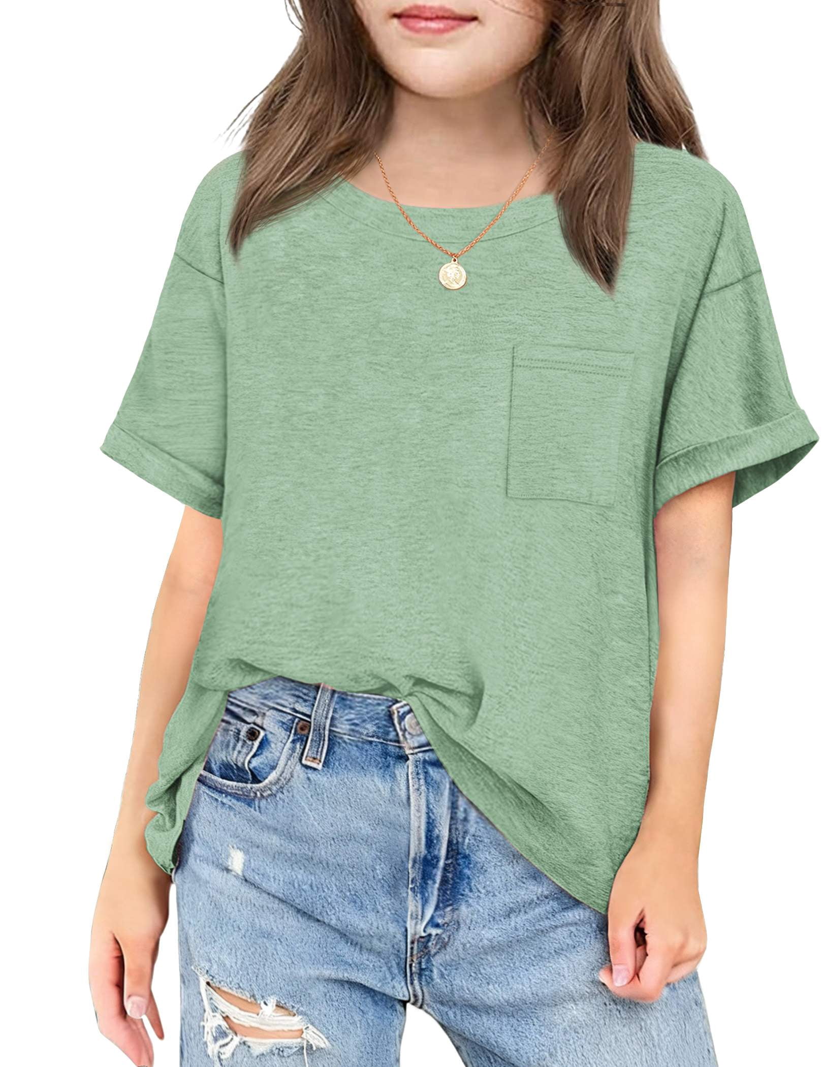 Girls Oversized T Shirts with Pocket Short Sleeve Basic Crewneck Summer Casual Loose Tops Clothes