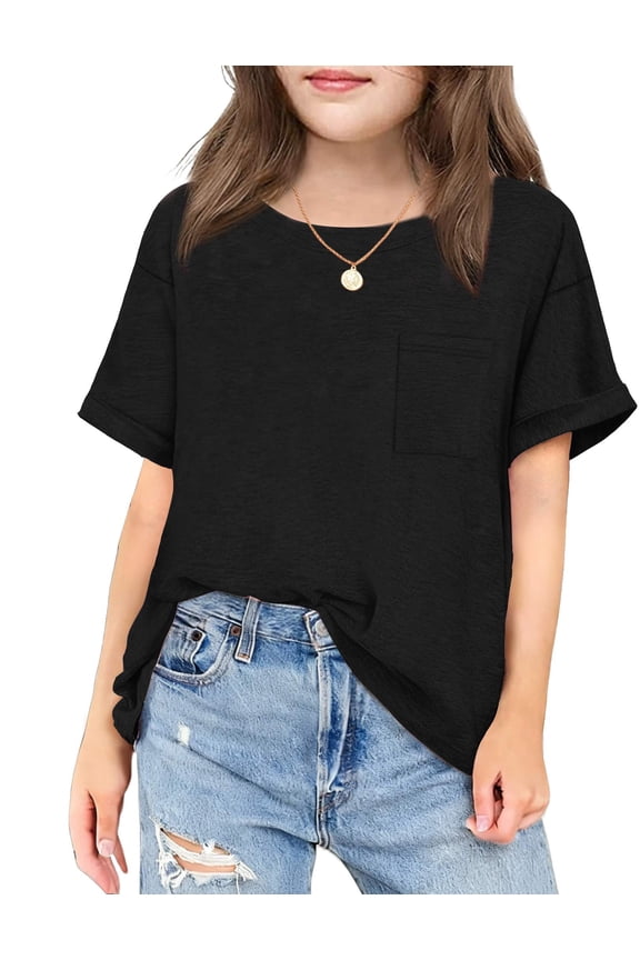 Girls Oversized T Shirts with Pocket Short Sleeve Basic Crewneck Summer Casual Loose Tops Clothes